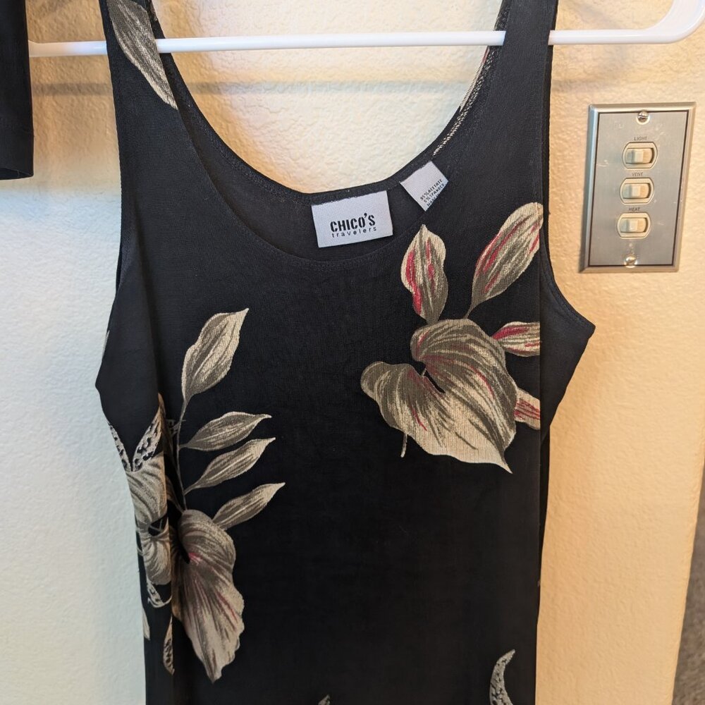 Chico's Travelers Tank Top Blouse Size 0 Small Black Floral Vintage USA Made